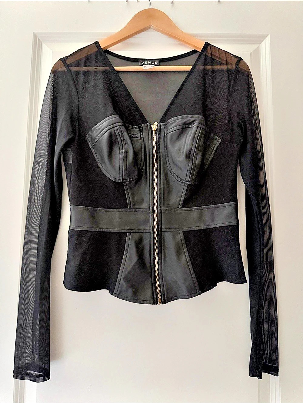Venus Faux Leather and Mesh Corset Top Black Size Medium